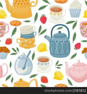 Decorative tea time seamless pattern with teapots, cups and sweets. Morning drink, english breakfast print. Kitchen wallpaper vector design. Hot beverage with biscuits, cupcakes and lemon. Decorative tea time seamless pattern with teapots, cups and sweets. Morning drink, english breakfast print. Kitchen wallpaper vector design