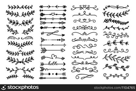Decorative text dividers. Floral ornament border, vintage hand drawn decorations and flourish sketch calligraphic divider vector set. Curly branches. Swirly design elements, antique decor. Decorative text dividers. Floral ornament border, vintage hand drawn decorations and flourish sketch calligraphic divider vector set. Collection of curls, twirls and branches. Laurel design elements
