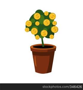 Decorative tree in flowerpot icon in cartoon style on a white background. Decorative tree in flowerpot icon, cartoon style