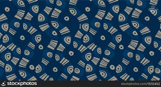 Decorative tribal style abstract tropical night spirit seamless pattern for background, fabric, textile, wrap, surface, web and print design. Folk vibes rapport in blue hues.