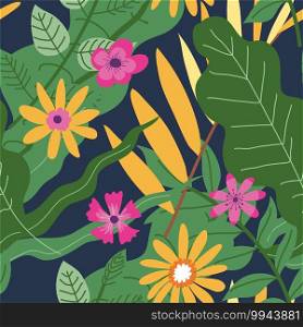 Decorative tropical or exotic blossom of plants. Blooming flowers with lush leaves, subtropical climate for royal fern and flourishing of botany. Botanic background. Seamless pattern, vector in flat. Royal fern and decorative tropical flora vector