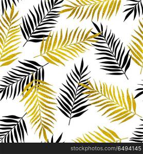 Decorative tropical seamless pattern with black and golden palm leaves on a white background. Pattern with black and golden palm leaves
