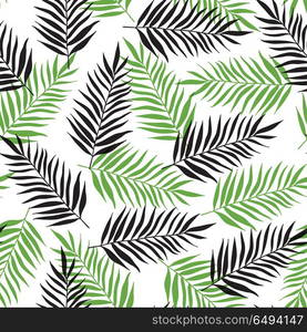 Decorative tropical seamless pattern with black and green palm leaves on a white background. Pattern with black and green palm leaves