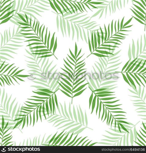 Decorative tropical seamless pattern with green palm leaves on a white background. Seamless pattern with green palm leaves