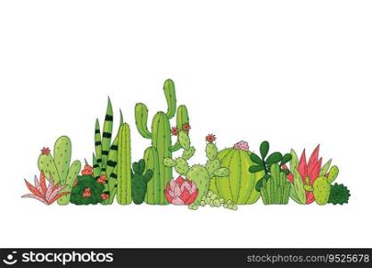 Decorative variants of different colorful succulent and cactus desert plants, hand drawn style vector illustration isolated on white background 