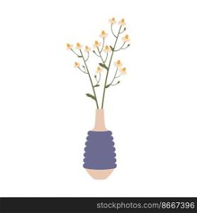 Decorative vase with yellow field flowers, floral decor. Vector natural blossoms in blue bottle, bunch of fresh foliage interior design decoration. Decorative vase yellow field flowers, floral decor