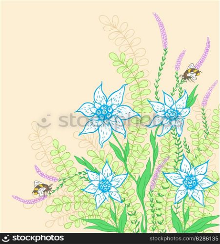 Decorative vector background with flowers and green leaves