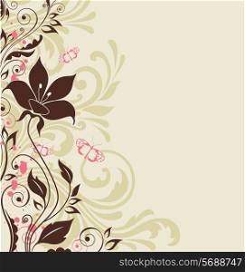 Decorative vector background with flowers and pink butterflies