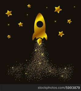 Decorative vector background with golden rocket in space