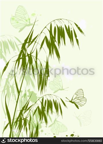 Decorative vector background with green oat and butterflies