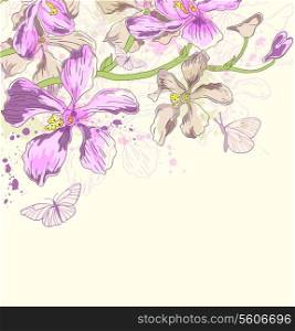 Decorative vector background with orchids and butterflies