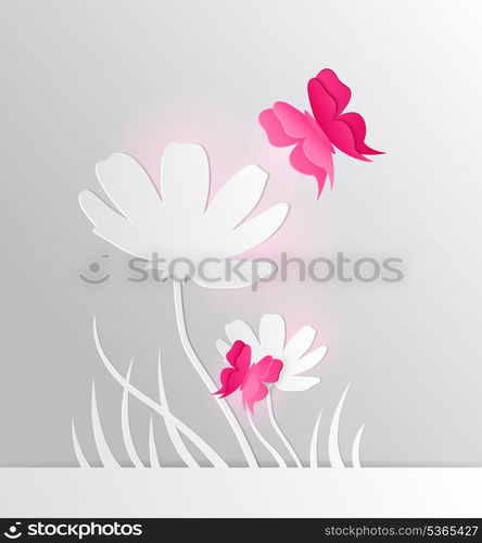 Decorative vector background with paper flower and red butterfly