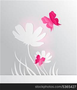 Decorative vector background with paper flower and red butterfly