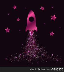Decorative vector background with pink rocket in space