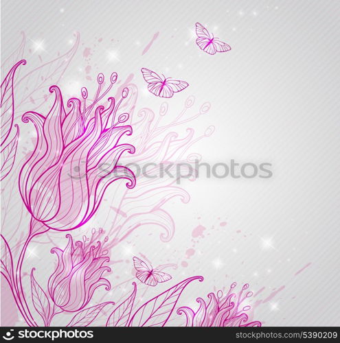 Decorative vector background with pink tulips and butterflies