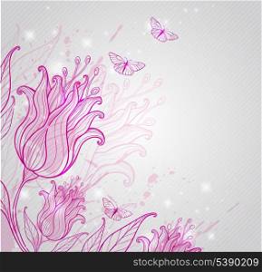 Decorative vector background with pink tulips and butterflies
