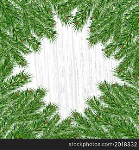 Decorative vector background with spruce branches. Wooden background with space for text and evergreen branches. Christmas and New Year background. . Decorative vector background with spruce branches.