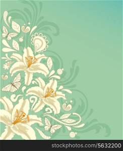 Decorative vector background with white flowers and butterflies