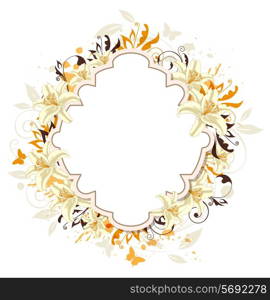 Decorative vector background with white lily and butterflies