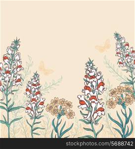 Decorative vector background with wildflowers and butterflies