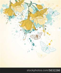 Decorative vector background with yellow flowers and butterflies