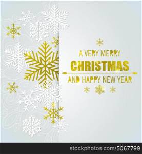 Decorative vector Christmas background with white and golden snowflakes. Merry Christmas lettering.