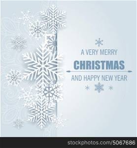 Decorative vector Christmas background with white paper snowflakes. Merry Christmas lettering.