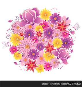 Decorative vector flowering planet with pink and violet flowers