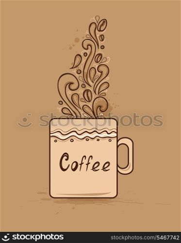 Decorative vector hand drawn background with cup of coffee