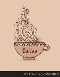 Decorative vector hand drawn background with cup of coffee