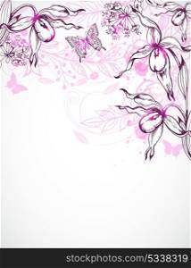 Decorative vector hand drawn floral background with orchids