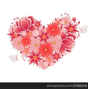 Decorative vector heart of pink and red flowers