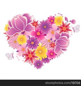 Decorative vector heart of pink and violet flowers