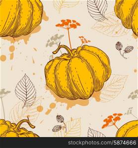 Decorative vector seamless pattern with orange pumpkin and leaves