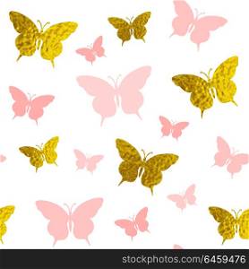 Decorative vector seamless pattern with pink and golden butterflies on a white background