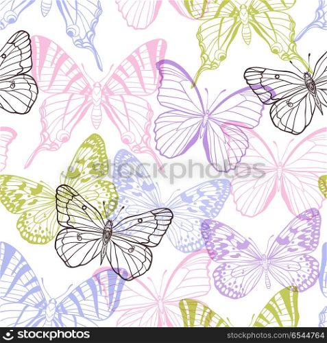 Decorative vector seamless pattern with pink, violet and green butterflies on a white background. Decorative seamless pattern with butterflies