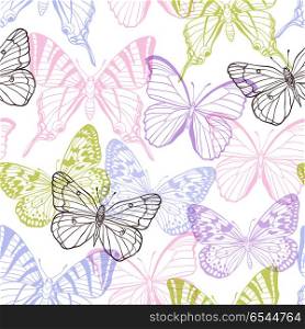 Decorative vector seamless pattern with pink, violet and green butterflies on a white background. Decorative seamless pattern with butterflies