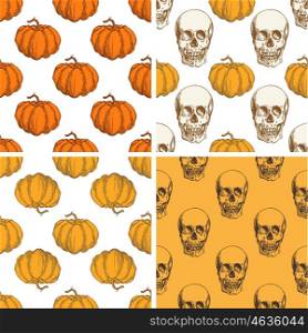 Decorative vector vintage seamless patterns with pumpkin and skull for Halloween