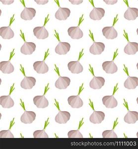 Decorative vegetable seamless pattern. Trendy decoration food design background in modern gray and white colors with garlic vegetables. Vector illustration for vegetarian menu or organic fabric print. Trendy gray garlic vegetable seamless pattern
