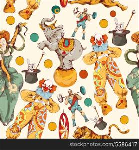 Decorative vintage circus with clown magical wand trick seamless wrap paper pattern color doodle sketch vector illustration
