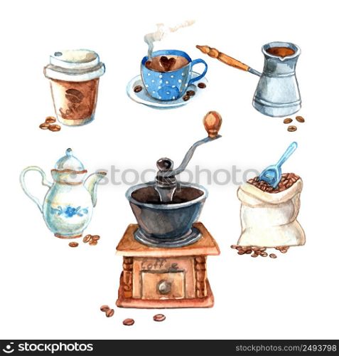 Decorative vintage hand drawn watercolor coffee set with milk can cezve and beans grinder print vector illustration?. Hand drawn vintage watercolor coffee set?