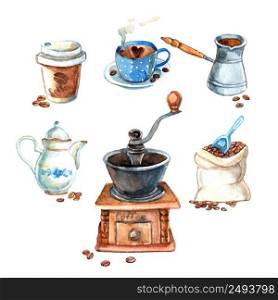 Decorative vintage hand drawn watercolor coffee set with milk can cezve and beans grinder print vector illustration?. Hand drawn vintage watercolor coffee set?