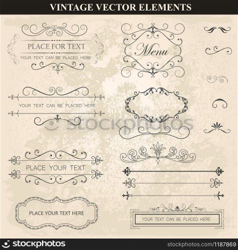 Decorative vintage set of calligraphic design elements: frames, borders, floral ornaments, page decoration. Abstract vintage frame design in various styles. Vector Vintage Ornament