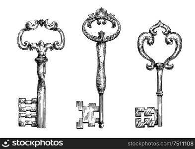 Decorative vintage skeleton keys isolated sketches, adorned by curly elements. Nice in medieval stylized design, security, tattoo and interior accessories design. Vintage medieval skeleton keys sketches