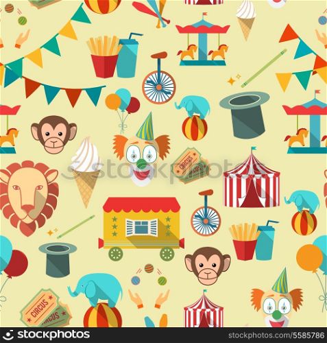 Decorative vintage travelling circus chapiteau tent with clown magical wand seamless tileable wrap paper pattern vector illustration