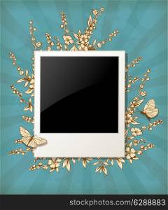 Decorative vintage vector background with photo and flowers