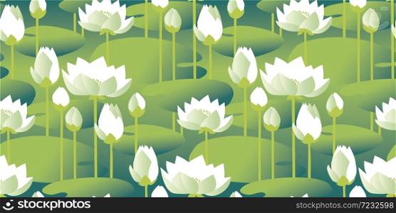 Decorative water lily seamless pattern for background, wrap, fabric, textile, wrap, surface, web and print design. Green and white lotus blossom motif for card, header, invitation, poster.
