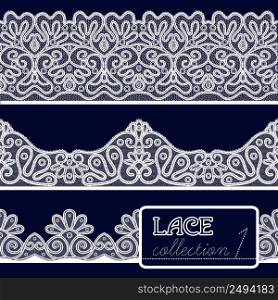 Decorative white lace pattern set isolated on blue background vector illustration. Lace Patterns Set
