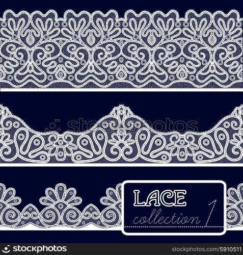 Decorative white lace pattern set isolated on blue background vector illustration. Lace Patterns Set