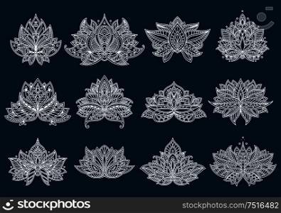 Decorative white paisley flowers with intricate oriental lace ornament on curved petals. Floral patterns for indian textile, persian carpet or tile design usage. White paisley flowers with lace ornament